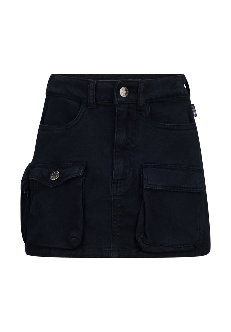 Gonna di jeans nera dal design aderente, con due tasche applicate anteriori e chiusura con bottone in vita. Texture liscia, lunghezza sopra il ginocchio.