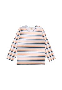 Langärmliges Hemd mit horizontalen Streifen in Orange, Blau, Lila und Weiß. Gerundeter Ausschnitt mit kontrastierenden Kanten. Weiche Stofftextur.