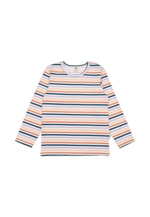Langärmliges Hemd mit horizontalen Streifen in Orange, Blau, Lila und Weiß. Gerundeter Ausschnitt mit kontrastierenden Kanten. Weiche Stofftextur.