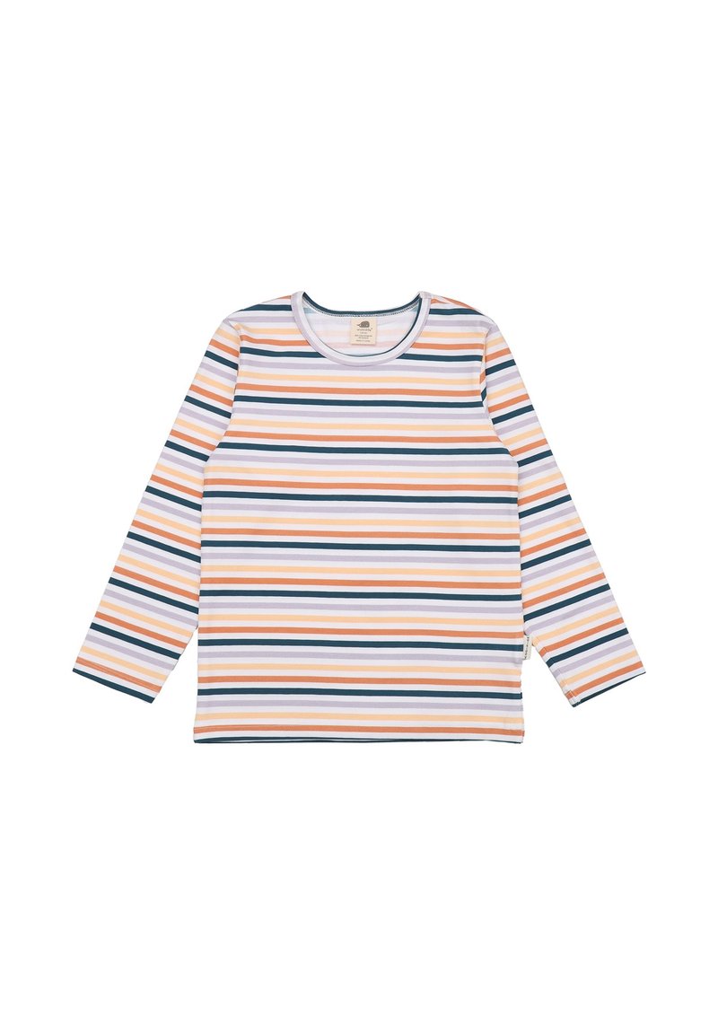 Langärmliges Hemd mit horizontalen Streifen in Orange, Blau, Lila und Weiß. Gerundeter Ausschnitt mit kontrastierenden Kanten. Weiche Stofftextur.