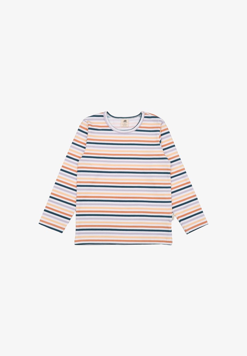 Langärmliges Hemd mit horizontalen Streifen in Orange, Blau, Lila und Weiß. Gerundeter Ausschnitt mit kontrastierenden Kanten. Weiche Stofftextur.