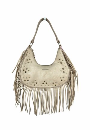 Borsa beige a mezzaluna con frange lunghe, decorazioni con borchie, tracolla singola e logo "MARIACELINE" sul davanti.