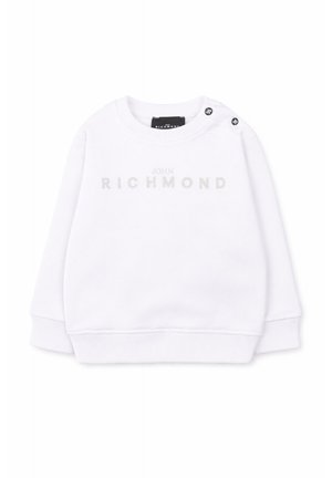 Felpa bianca a maniche lunghe con polsini e orlo a coste, con la scritta "JOHN RICHMOND" stampata sul petto e bottoni automatici sulla spalla.
