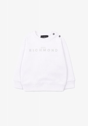 Felpa bianca a maniche lunghe con polsini e orlo a coste, con la scritta "JOHN RICHMOND" stampata sul petto e bottoni automatici sulla spalla.