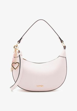 Light pink crescent-shaped handbag with black trim, single strap, gold heart charm, and "L.CREDI" logo in gold on front.