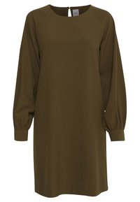 Robe vert olive à manches longues avec encolure ronde, poignets froncés et silhouette droite, dotée d'une fermeture à boutons dans le dos.