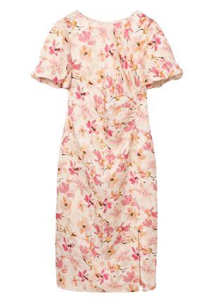 Helles rosa knielanges Kleid mit kurzen Puffärmeln und floralem Muster in Rosatönen, Pfirsich und Beige.