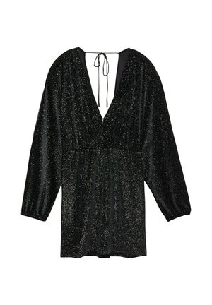 Zwarte jurk met een diepe V-hals, lange pofmouwen en een gathered taille. De stof heeft metallic spikkels en een striksluiting op de rug.