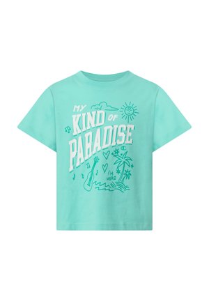 T-shirt turchese a maniche corte con testo bianco e verde acqua "My Kind of Paradise" e disegni di sole, nuvole, chitarra, palme, cuori e onde.