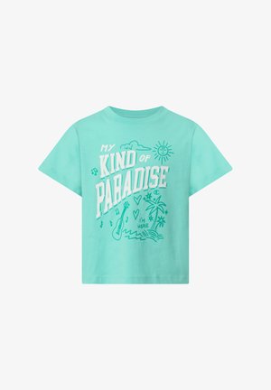 Turquoise T-shirt met korte mouwen, bedrukt met witte en turquoise tekst "My Kind of Paradise" en illustraties van zon, wolken, gitaar, palmbomen, harten en golven.