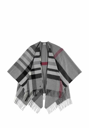 Poncho à carreaux gris avec des rayures noires, blanches et bourgognes. Dispose d'un bord frangé et d'une texture légère adaptée pour le superposition.