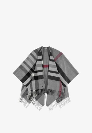 Gray plaid poncho with black, white, and burgundy stripes. Features fringe edges and a lightweight texture suitable for layering.