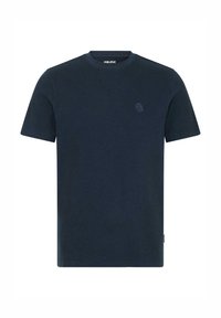 Tamsiai mėlynas trumpomis rankovėmis marškinėliai, pagaminti iš tekstūruotos medžiagos su apvaliu kaklu. Ant krūtinės yra mažas iškilus logotipas.