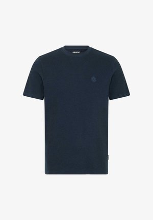 Sötétkék, rövid ujjú póló struktúrált anyagból, kerek kivágással. A mellkasán egy kis dombornyomott logó található.