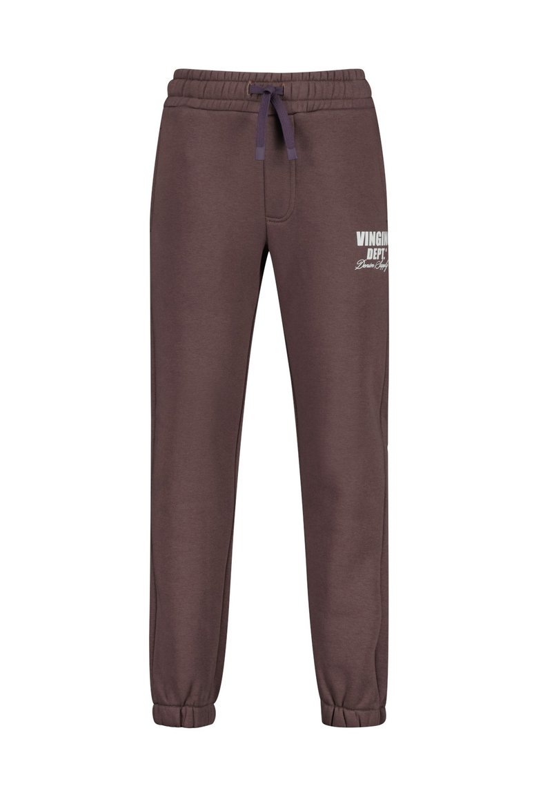 Donkerbruine joggingsbroeken met elastische tailleband en boorden, trekkoord, en witte tekstlogo op de bovenste linker dij.