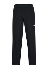 Zwarte sportbroek gemaakt van lichtgewicht materiaal, met een elastische tailleband en een klein wit logo aan de linkerkant. Rechte pijpen.