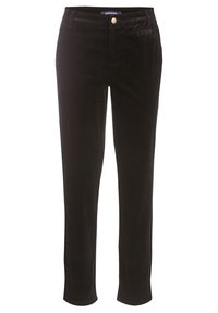 Svarta sidensbyxor med rak passform. Har en framknappstängning, sidofickor och subtil vertikal ribbning i tyget.