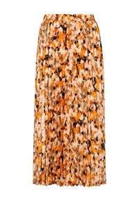 Fållad kjol i lättviktsmaterial, med ett abstrakt mönster i orange, svart och vitt, med elastisk midja.