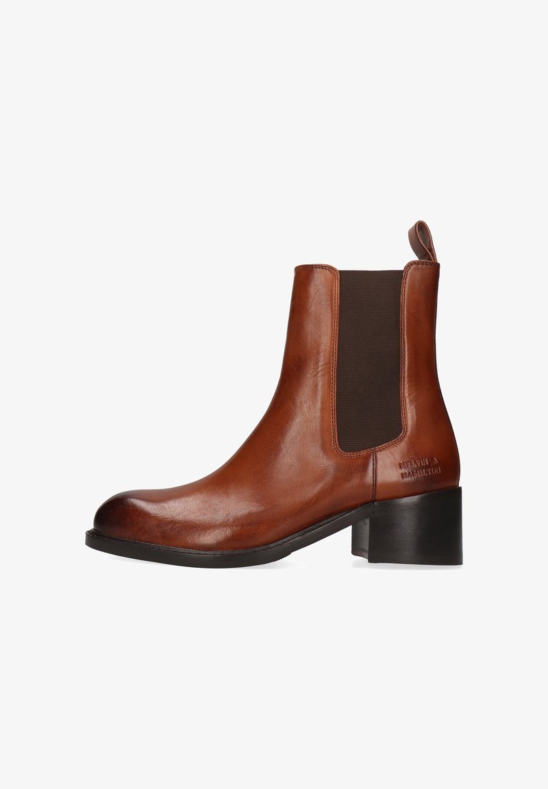 Brązowy skórzany ankle boot z elastycznymi bocznymi panelami, okrągłym noskiem i słupkowym obcasem. Zawiera uchwyt do zakupu i wytłoczone logo na obcasie.