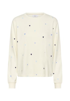 Pull crème à manches longues avec petits motifs de cœurs bleus et bleu marine éparpillés, poignets côtelés et col rond.