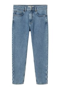 Vaqueros de mezclilla azul claro con cinco bolsillos, diseño de pierna recta y cierre de botones. Presentan una textura ligeramente descolorida.