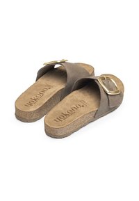 Gray suede slide sandals with a wide strap and a gold-tone square buckle. Cork footbed and textured rubber sole.