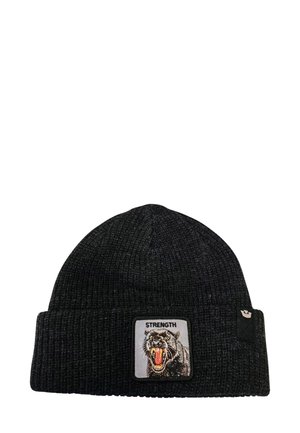 Beanie nera a maglia con risvolto, caratterizzata da una patch ricamata di una pantera ruggente e la parola "FORZA". Materiale strutturato.