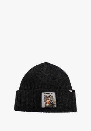 Beanie nera a maglia con risvolto, caratterizzata da una patch ricamata di una pantera ruggente e la parola "FORZA". Materiale strutturato.