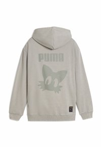 Felpa grigia con una texture morbida, caratterizzata da un grande logo PUMA verde e un design di un gatto in stile cartone animato sul retro. Polsini e orlo a costine.