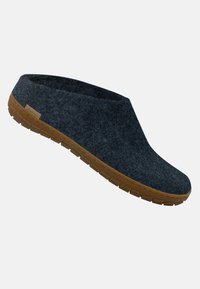 Gray felt slip-on shoe with a rounded toe and a rubber sole. The design features a low cut around the ankle for easy wear.