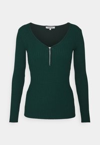 Maglia a maniche lunghe a coste verde scuro con zip argento frontale e scollatura a barchetta, taglia piccola, etichettata "Morgan."