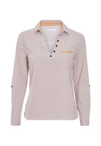 Camisa de manga larga de tejido estampado, con un cuello tipo solapa, cuatro botones negros, un bolsillo en el pecho y un cuello en contraste en tono beige.