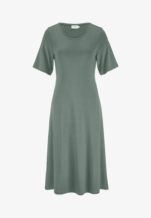 Knielange, korte mouwen, saliegroene jurk met ronde halslijn en licht uitlopende rok, gemaakt van glad, lichtgewicht stof.