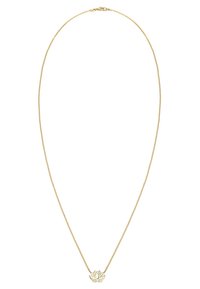 Goldene Halskette mit einer dünnen Kette und einem Lotusblüten-Anhänger in der Mitte, der ein detailliertes Blütenblatt-Design und eine polierte Oberfläche aufweist.