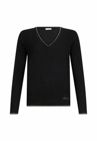 Pull noir à manches longues avec col en V, bordé d'un liseré argenté au niveau de l'encolure, des poignets et de l'ourlet, arborant un petit texte "LIU·JO" près de l'ourlet inférieur.