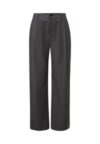 Donkergrijze op maat gemaakte broek met een rechte snit, voorzien van voorplooien, een enkele knoopsluiting en een gladde stofstructuur.
