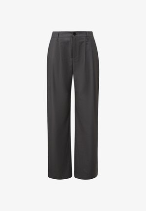 Donkergrijze op maat gemaakte broek met een rechte snit, voorzien van voorplooien, een enkele knoopsluiting en een gladde stofstructuur.