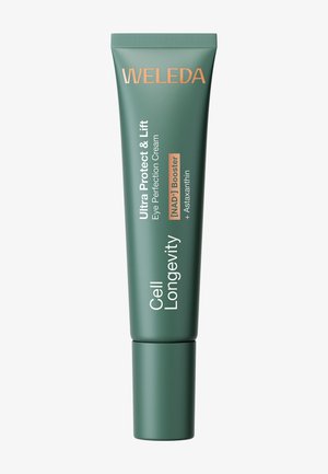 Grüne Tube der Weleda Cell Longevity Ultra Protect & Lift Eye Perfection Cream mit NAD+ Booster und Astaxanthin, vor schlichtem weißem Hintergrund.