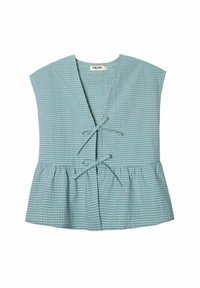 Top envolvente de cuadro vichy en azul claro con mangas cortas, cintura fruncida y dos lazos en la parte frontal. Confeccionado en tejido tejido, presenta un diseño de peplum.