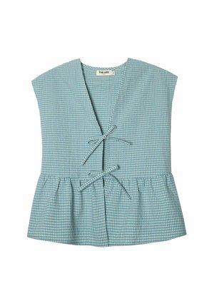 Top envolvente de cuadro vichy en azul claro con mangas cortas, cintura fruncida y dos lazos en la parte frontal. Confeccionado en tejido tejido, presenta un diseño de peplum.