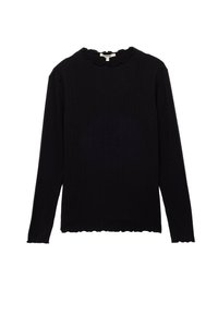 Zwart geribbeld langemouwshirt met een scalloped halslijn en zoom, met een lichaamsomhelzende pasvorm en textuurstof.