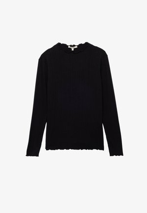 Mustat ribbed pitkähihainen paita, jossa on aaltoileva pääntie ja helma, ominaisuutena vartaloa myötäilevä istuvuus ja teksturoitu kangas.