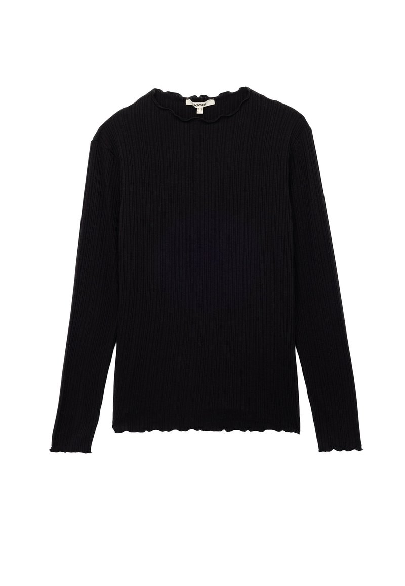 Zwart geribbeld langemouwshirt met een scalloped halslijn en zoom, met een lichaamsomhelzende pasvorm en textuurstof.