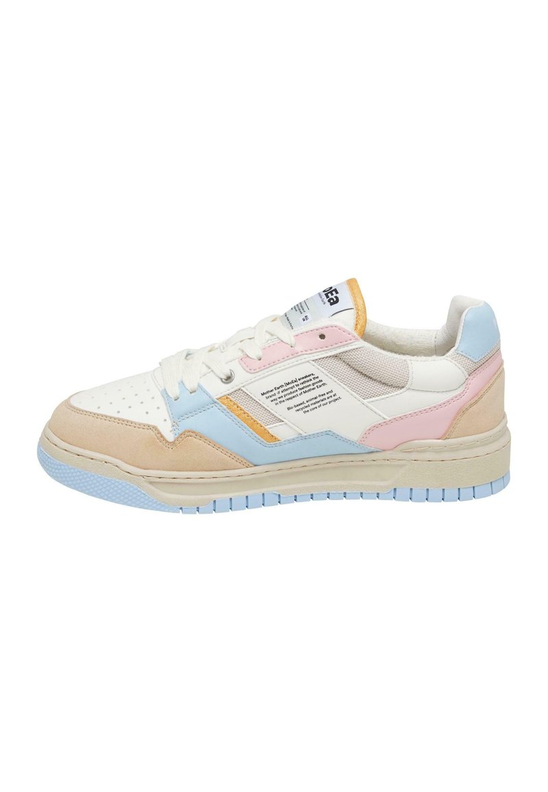 Colorful sneakers featuring a white leather upper with pink, blue, and tan suede accents, perforations on the toe, and a textured rubber sole.