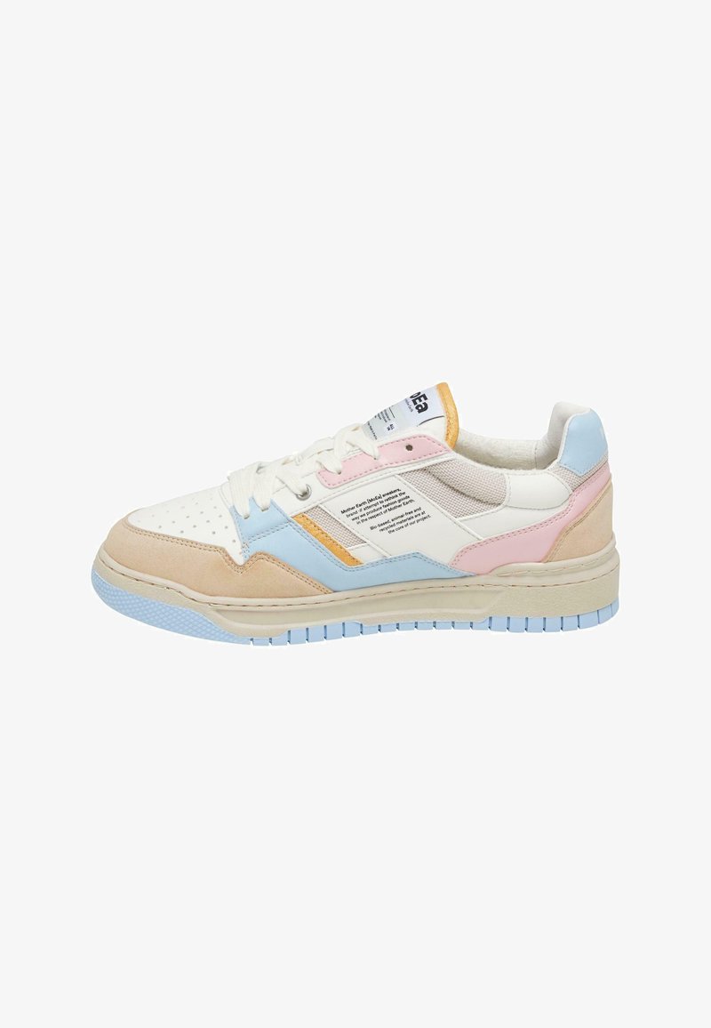 Colorful sneakers featuring a white leather upper with pink, blue, and tan suede accents, perforations on the toe, and a textured rubber sole.