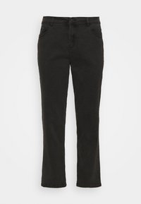 Pantalones de mezclilla negra con corte recto, que cuentan con cinco bolsillos, trabillas para el cinturón y un cierre de botón y cremallera. Textura suave, con un diseño minimalista.