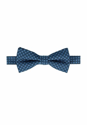 Blue patterned bow tie made of fabric, featuring circular designs in lighter blue and a smooth texture. Adjustable strap for fitting.