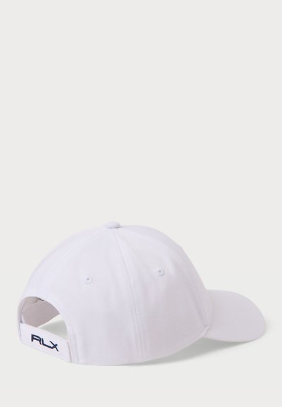 White baseball cap with a structured design, featuring a solid color, adjustable strap, and embossed logo on the back strap.