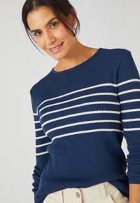 Marineblauwe ribgebreide trui met witte horizontale strepen over de borst en mouwen, ronde halslijn en textiele stof.