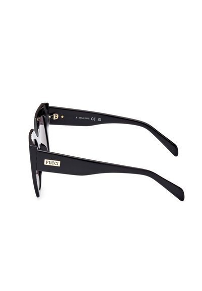 Sorte solbriller med rektangulær form, lavet af plastik. Har et guld logo på armen og en glat, blank overflade.